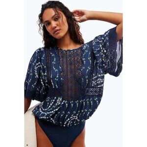Free People Bali Tate Navy Floral Lace-Trimmed Bodysuit Open Back Size XL
